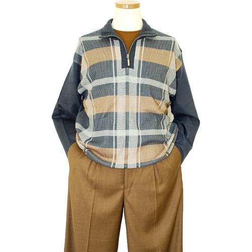 Michael Irvin Ocean Blue / Tan / Silver Grey Plaid Zip-Up Mark Net Knitted Sweater
